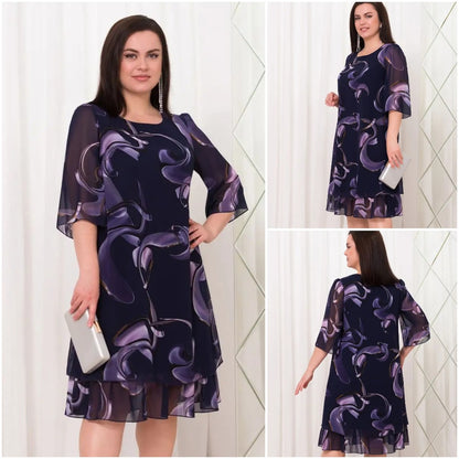 💕【S-5XL】👗Rochie elegantă cu imprimeu ✨ Mâneci din plasă stil frunze de lotus 🌸 Potrivită pentru ocazii speciale 💃