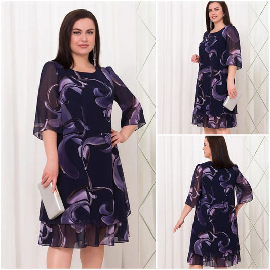 💕【S-5XL】👗Rochie elegantă cu imprimeu ✨ Mâneci din plasă stil frunze de lotus 🌸 Potrivită pentru ocazii speciale 💃
