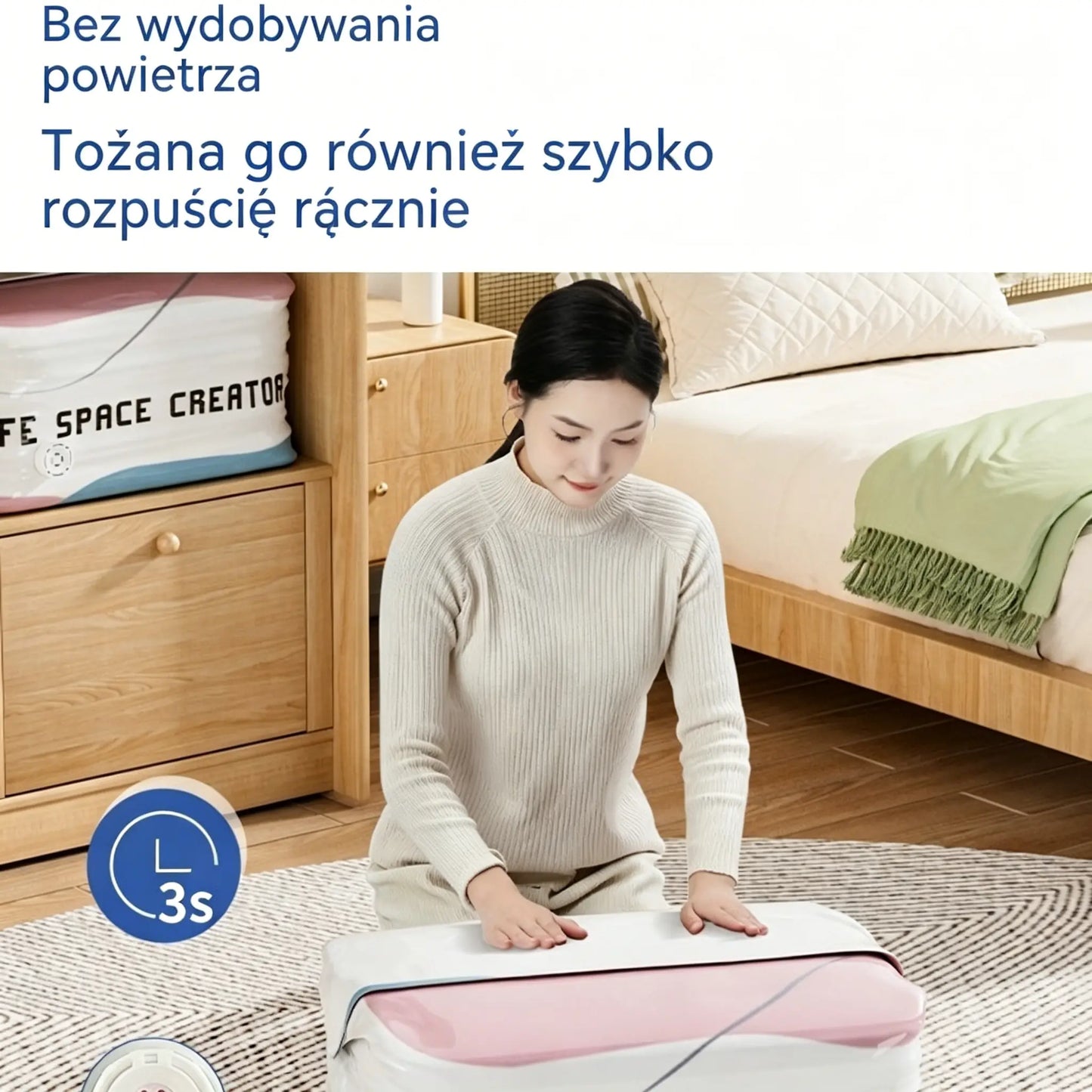 👕📦【Zestaw 5 sztuk!23.8 zł / sztuka】Worki próżniowe do kompresji ubrań, nie wymagają pompki | Dwuwarstwowy pasek uszczelniający o pogrubionej konstrukcji zapobiegający pękaniu i przeciekaniu.