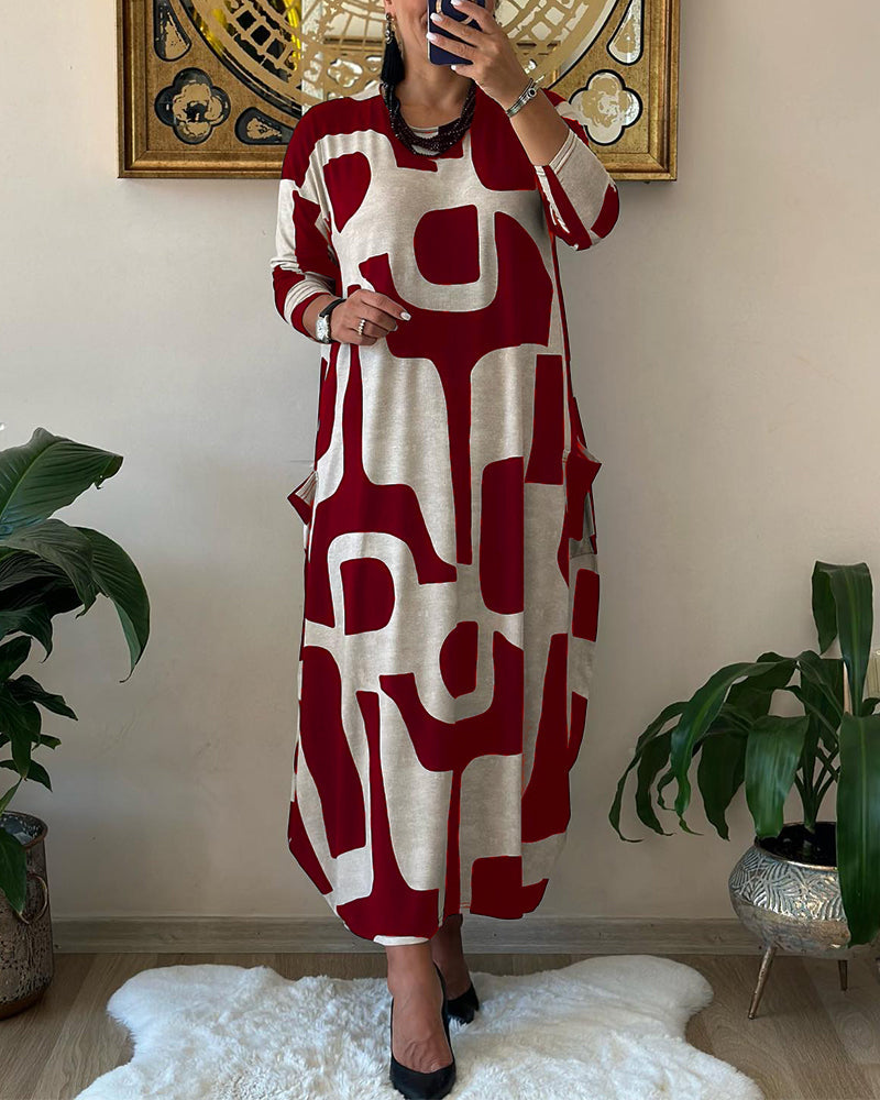 👗【Doprava zadarmo】Voľnočasová módna šaty s okrúhlym výstrihom a dlhou potlačenou sukňou s dlhým rukávom