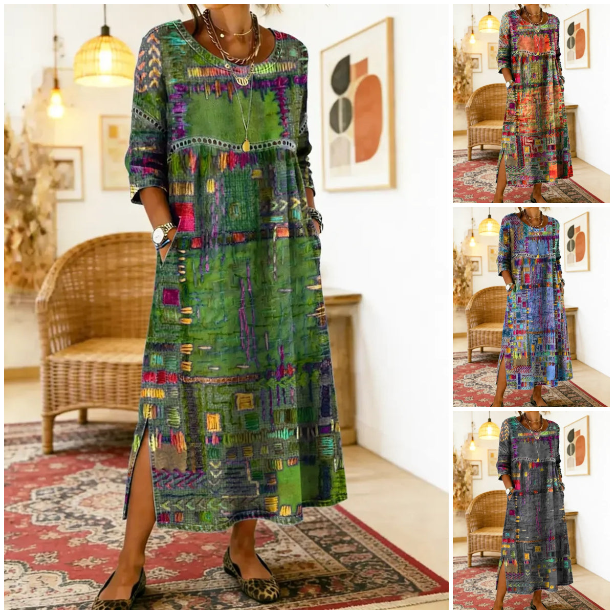 💟【50% POPUSTA】Ženska pamučna haljina s etničkim uzorkom i patchwork dizajnom, s čipkastim obrubom.