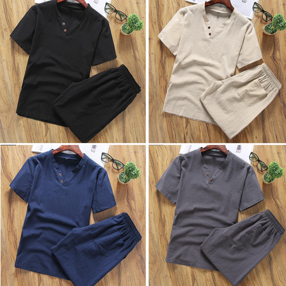 ✨🤩【Top + Pantaloni】 Costum de agrement pentru bărbați, lejer și respirabil, din bumbac și in de înaltă calitate