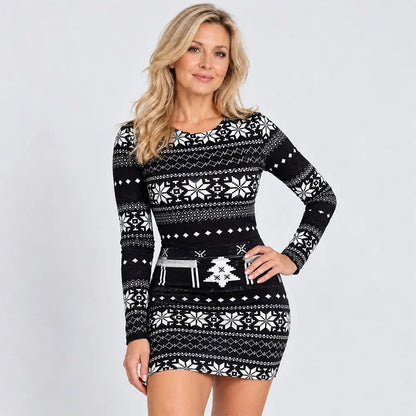 🎅👗【S-5XL】2026 Jesienne i zimowe sukienki świąteczne z długim rękawem z nadrukiem