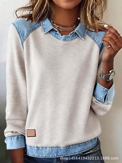 🌷Nova zimska modna majica z jeans patchworkom – topla, udobna in primerna za vsakodnevno nošenje