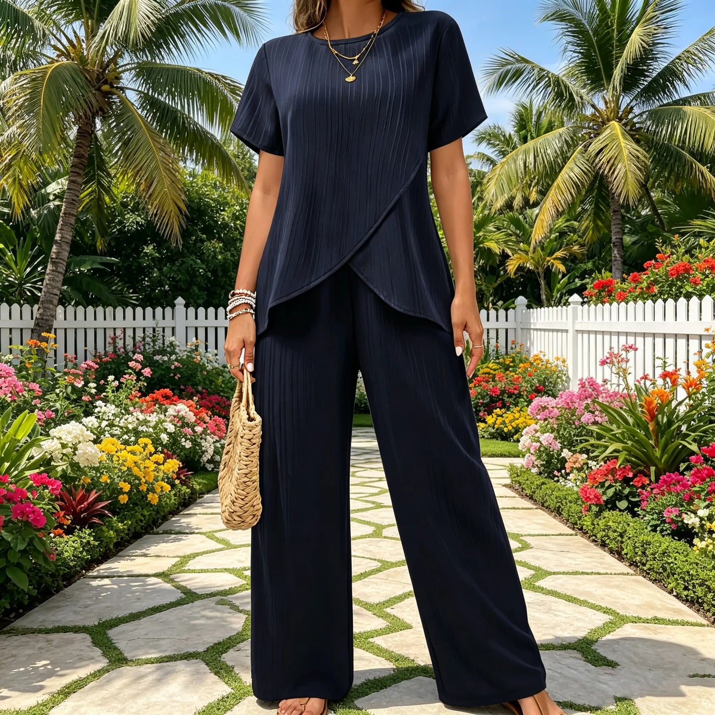 👗 Komplet damski S–3XL – luźny krój, krótki rękaw, okrągły dekolt, asymetryczny fason (top + spodnie)
