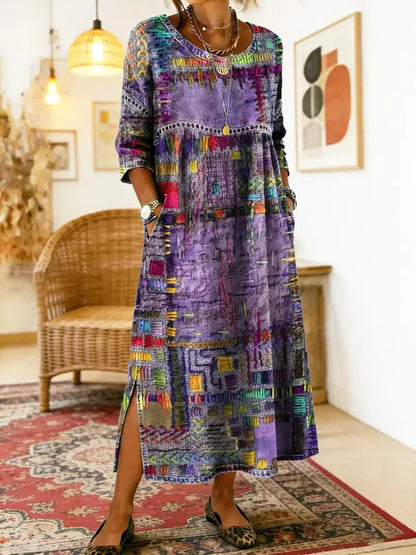 💟【50% POPUSTA】Ženska pamučna haljina s etničkim uzorkom i patchwork dizajnom, s čipkastim obrubom.