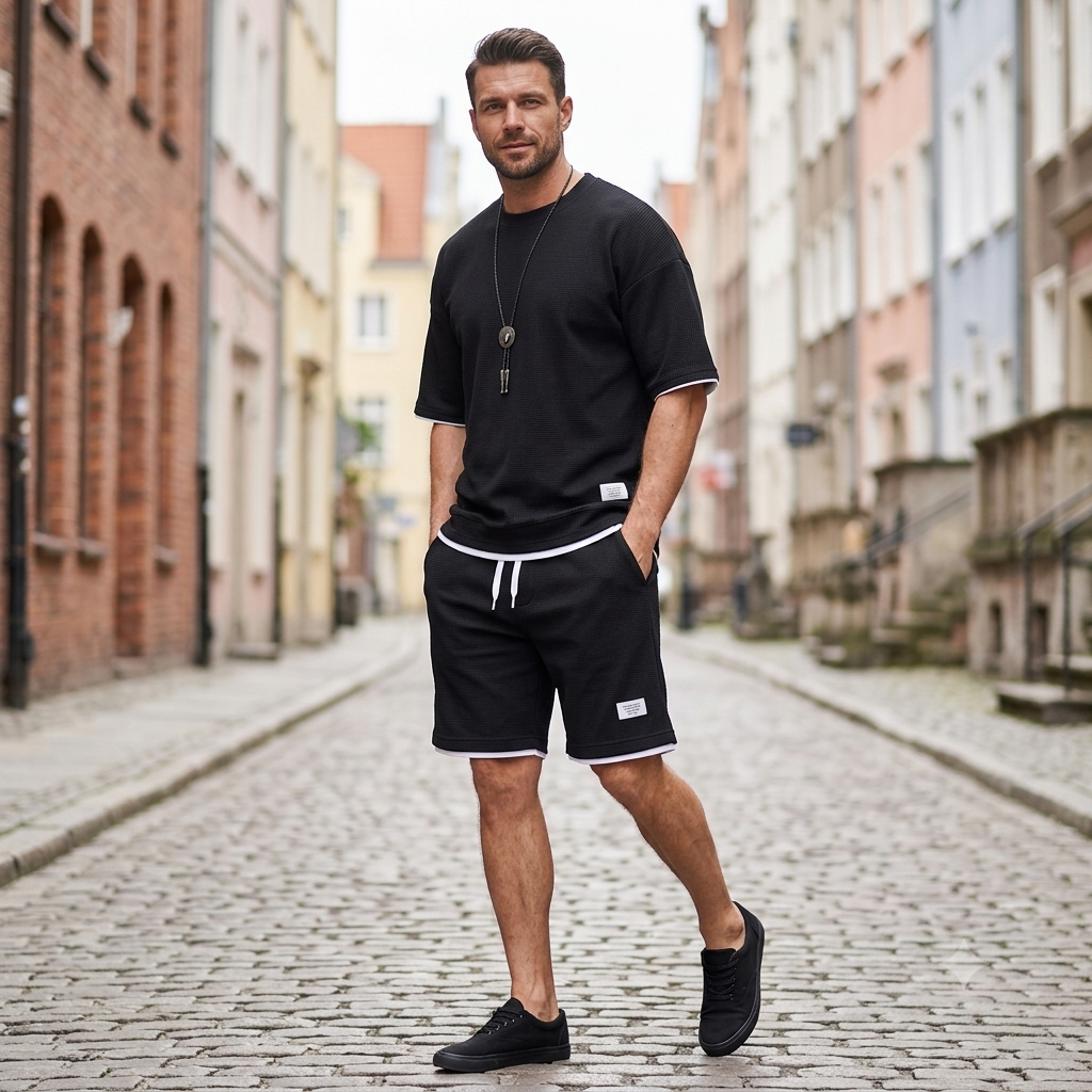 🔥【Nowość✨】【Koszulka + spodenki】Męski, oddychający zestaw sportowy, stylowy i swobodny, idealny na lato.