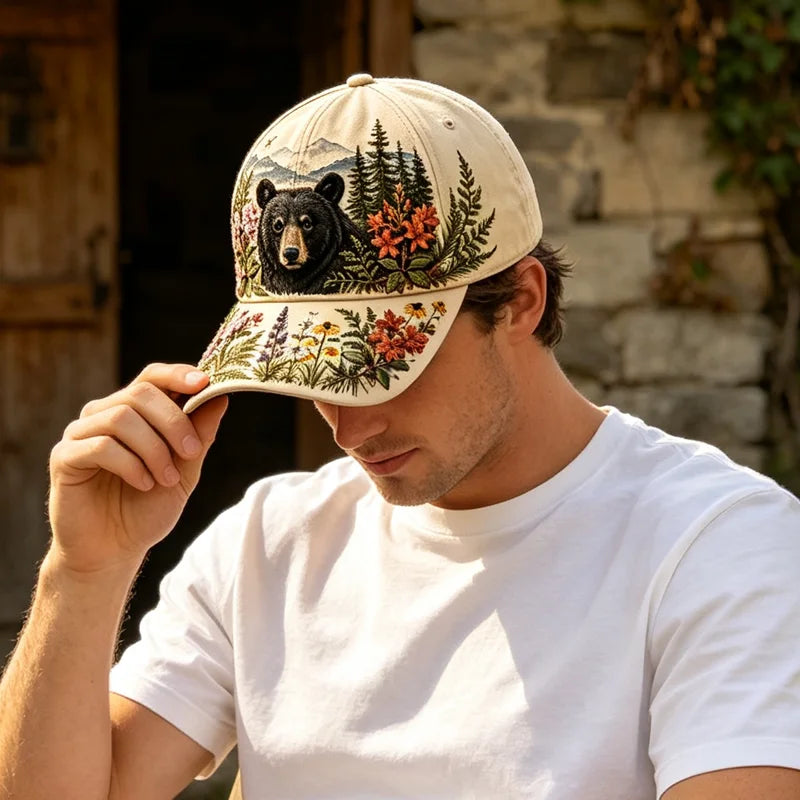 🛍️ Edycja Retro: Letnia czapka z daszkiem „Great Smoky Mountains” ✨ Motyw czarnego niedźwiedzia i polnych kwiatów | Regulowany model w stylu outdoor vintage