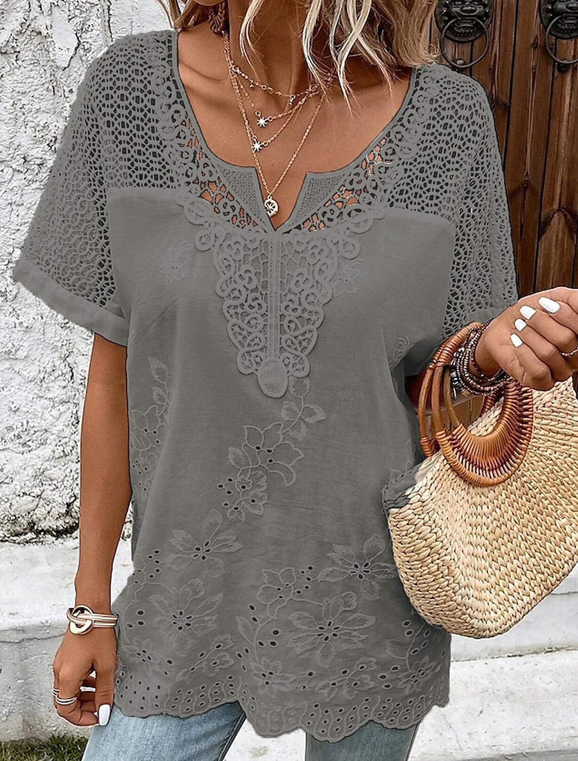 【S–6XL】Elegancka damska bluzka z koronką i dekoltem w serek – haftowana, z krótkim rękawem