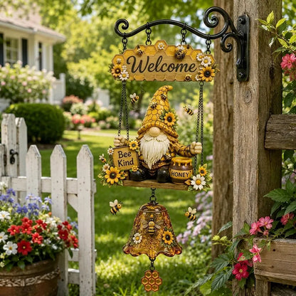 Dzwonek powitalny z krasnalem ogrodowym, tabliczka „Welcome”, retro dzwonek z brązu, żelazny uchwyt ścienny, dekoracja do ogrodu, na taras i podwórko.