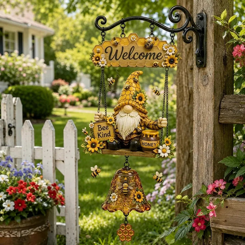 ✨Dzwonek powitalny z krasnalem ogrodowym, tabliczka „Welcome”, retro dzwonek z brązu, żelazny uchwyt ścienny, dekoracja do ogrodu, na taras i podwórko.