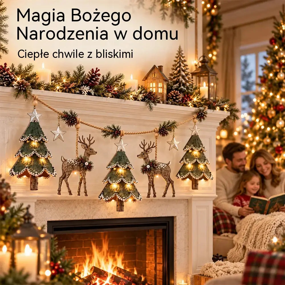 🎄 Girlanda świąteczna LED z reniferami i choinkami – drewniana dekoracja w rustykalnym stylu, ciepłe światło na kominek, okno i schody