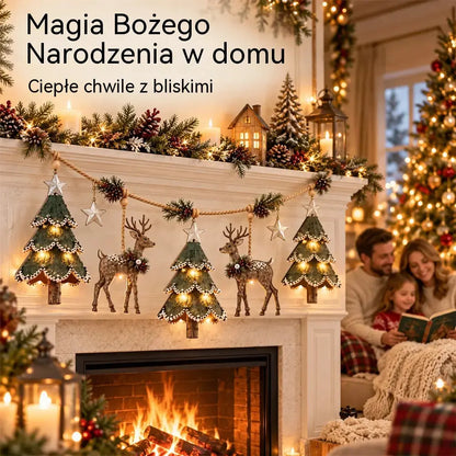🎄 Girlanda świąteczna LED z reniferami i choinkami – drewniana dekoracja w rustykalnym stylu, ciepłe światło na kominek, okno i schody
