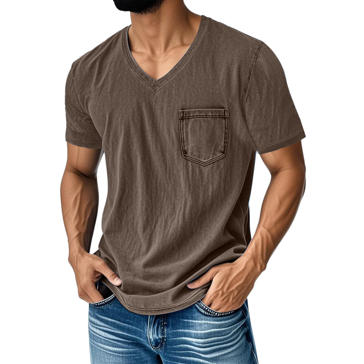 50% zniżki【40-120 kg】Luźny, casualowy T-shirt z jeansu z dekoltem w serek i krótkim rękawem dla mężczyzn ✅️Płatność przy odbiorze