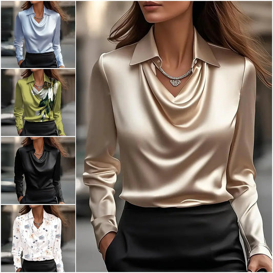 ✨【Nueva temporada】Blusa femenina con estampado elegante y cuello drapeado