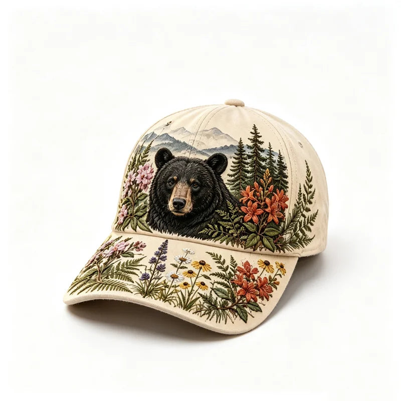 🛍️ Edycja Retro: Letnia czapka z daszkiem „Great Smoky Mountains” ✨ Motyw czarnego niedźwiedzia i polnych kwiatów | Regulowany model w stylu outdoor vintage