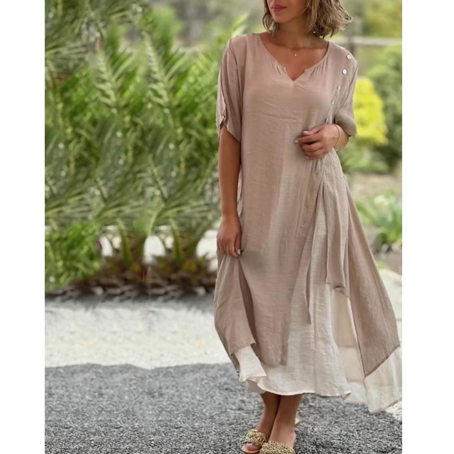 🔥💗【S-4XL】✨Elegantné 2-v-1 bavlnené šaty z kvalitného materiálu, výstrih do V, asymetrický dizajn – Štýl 2025 🌟👗