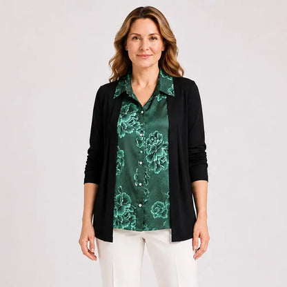 👚【M-4XL】Dwuczęściowa koszula damska z nadrukiem w patchworku – bluzka warstwowa z długim rękawem – modelująca brzuch, swobodny top na jesień