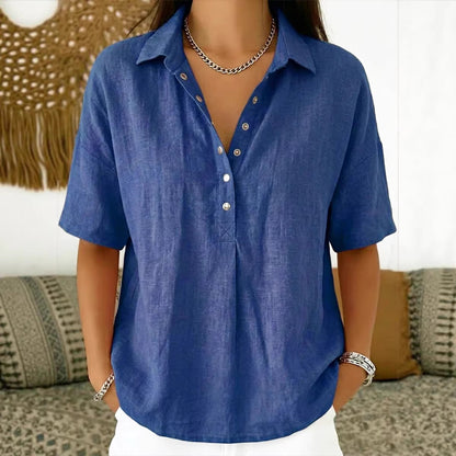 Ostatni dzień, 50% zniżki! ✨【S-3XL】Damska koszula z bawełny i lnu z krótkim rękawem, dopasowany krój, uniwersalna, przewiewna, wygodna i bezproblemowa.