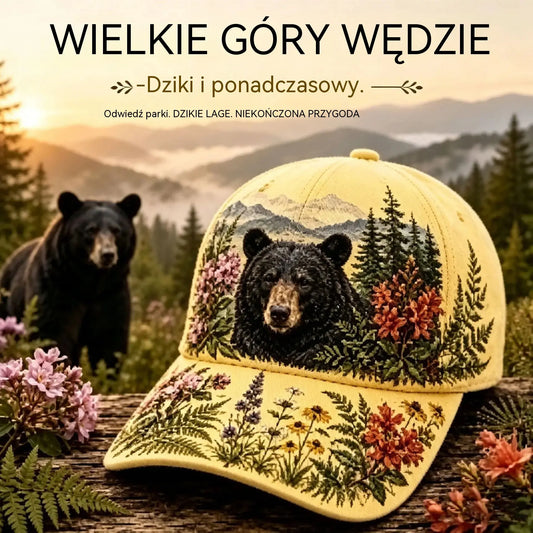 🛍️ Edycja Retro: Letnia czapka z daszkiem „Great Smoky Mountains” ✨ Motyw czarnego niedźwiedzia i polnych kwiatów | Regulowany model w stylu outdoor vintage