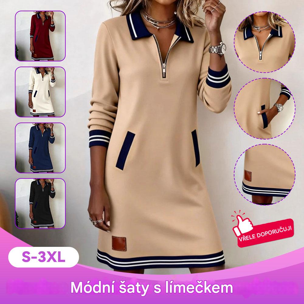 👗 Nová zimní šaty – casual styl, s knoflíkovým zapínáním ⚡, s košilovým límcem, dlouhými rukávy ✨ a kapsami v blokových barvách