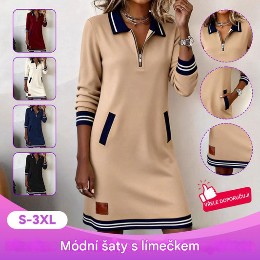 👗 Nová zimní šaty – casual styl, s knoflíkovým zapínáním ⚡, s košilovým límcem, dlouhými rukávy ✨ a kapsami v blokových barvách