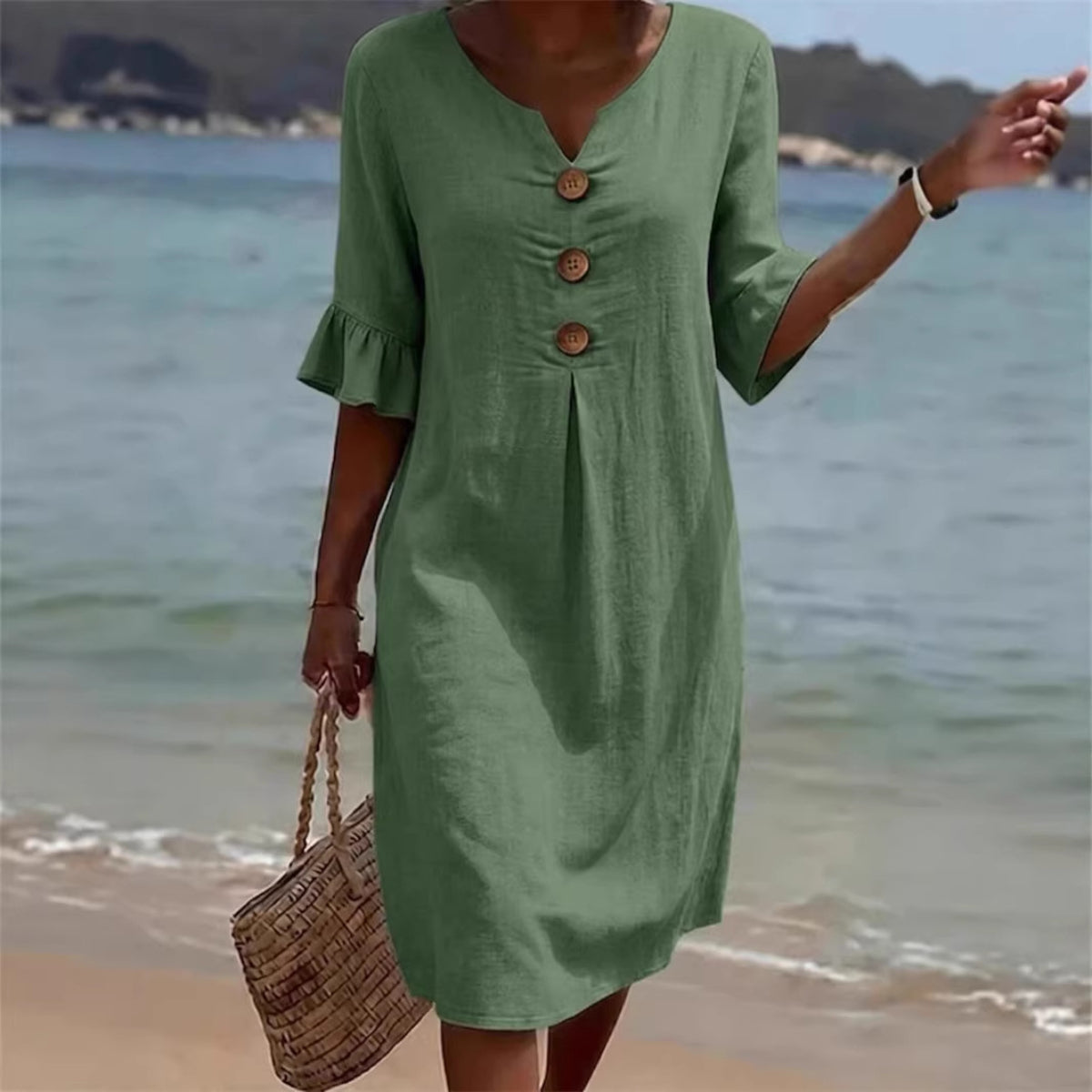 👗 Ženska haljina S–3XL – pamuk i lan, puf rukavi, gumbi, lagana i elegantna