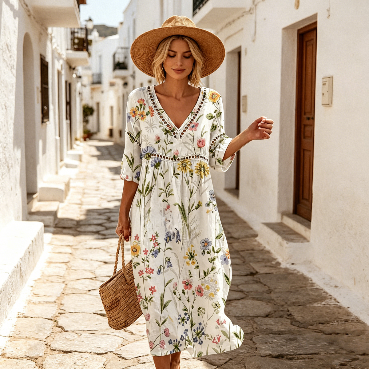 👗【S-3XL】Letnia sukienka z bawełny i lnu w kwiaty, długa, z dekoltem w serek