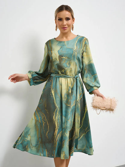 🌿【Μεγάλη Έκπτωση Τέλους Σεζόν】👗 Ανοιξιάτικο πράσινο φόρεμα – Κομψό, με μακριά μανίκια & φούστα
