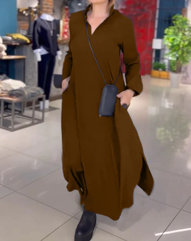 🔥【S-3XL】Nove jesensko-zimske obleke z dolgimi rokavi in V-izrezom – eleganten enobarvni model