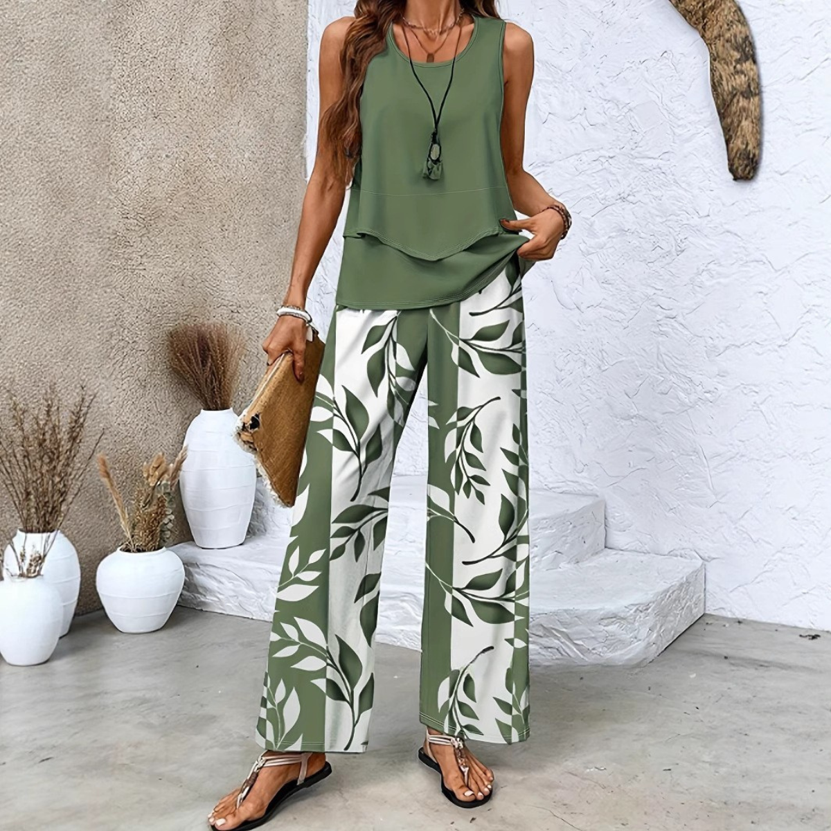 👗【S-2XL】 Komplet damski – top bez rękawów + spodnie z szerokimi nogawkami, elegancki i wygodny