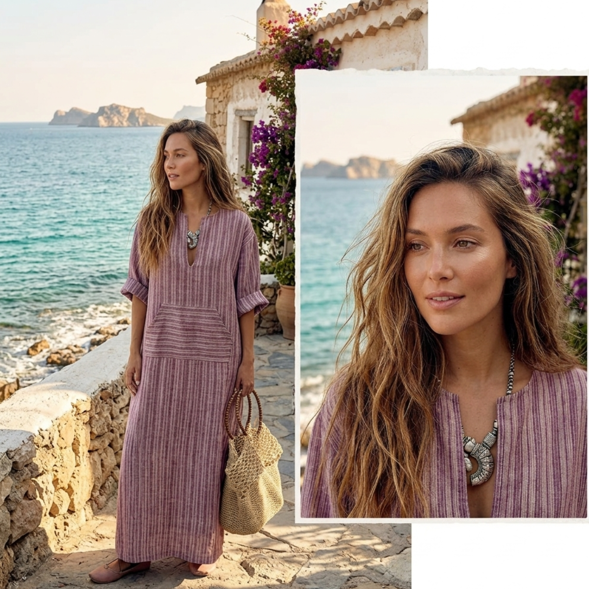 ✨【S-5XL】sukienka boho plus size długa sukienka w paski z kieszeniami✅cod + darmowa dostawa