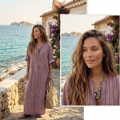 ✨【S-5XL】sukienka boho plus size długa sukienka w paski z kieszeniami✅cod + darmowa dostawa