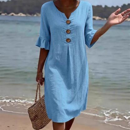 👗 Ženska haljina S–3XL – pamuk i lan, puf rukavi, gumbi, lagana i elegantna