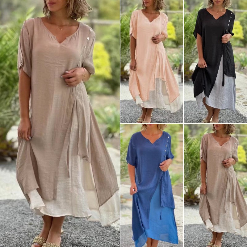 🔥💗【S-4XL】✨Elegantné 2-v-1 bavlnené šaty z kvalitného materiálu, výstrih do V, asymetrický dizajn – Štýl 2025 🌟👗