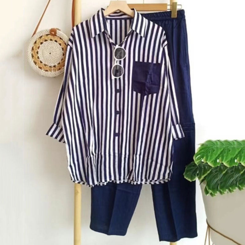 🔥【50%OFF】🤩【S-5XL】🌸Jarní pruhovaný ležérní dvoudílný oblek