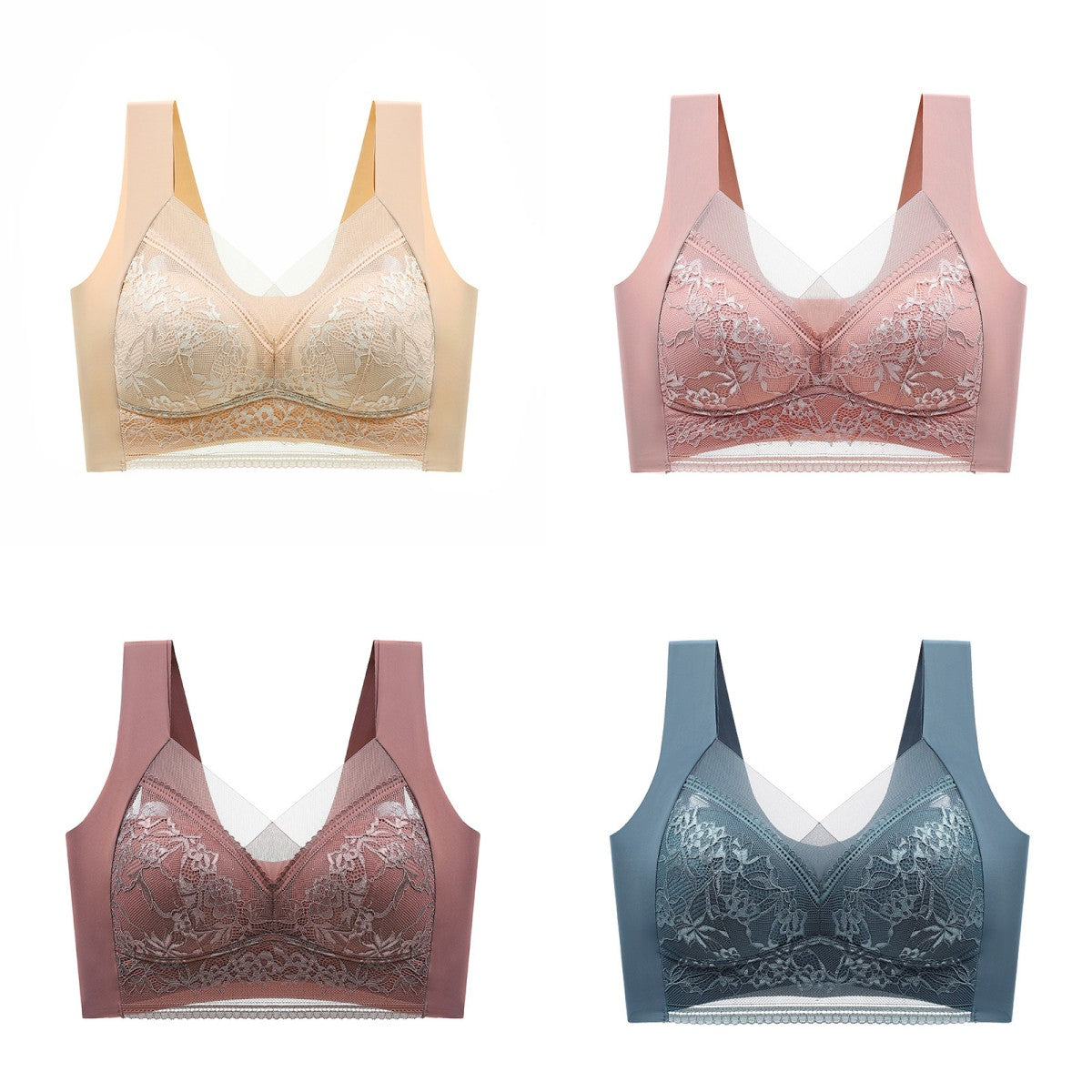 🔥【1 set 4 bucăți】Vânzare fierbinte 👙【40-110 KG】 Sutien confortabil, fără cusături, din dantelă, mărime mare