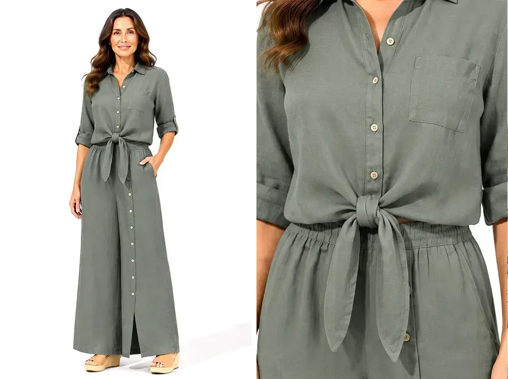 ✨🌸【XS-3XL】Dwuczęściowy zestaw: asymetryczny top z dekoltem w serek i szerokie bawełniane spodnie zapinane na guziki
