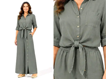 ✨🌸【XS-3XL】Dwuczęściowy zestaw: asymetryczny top z dekoltem w serek i szerokie bawełniane spodnie zapinane na guziki
