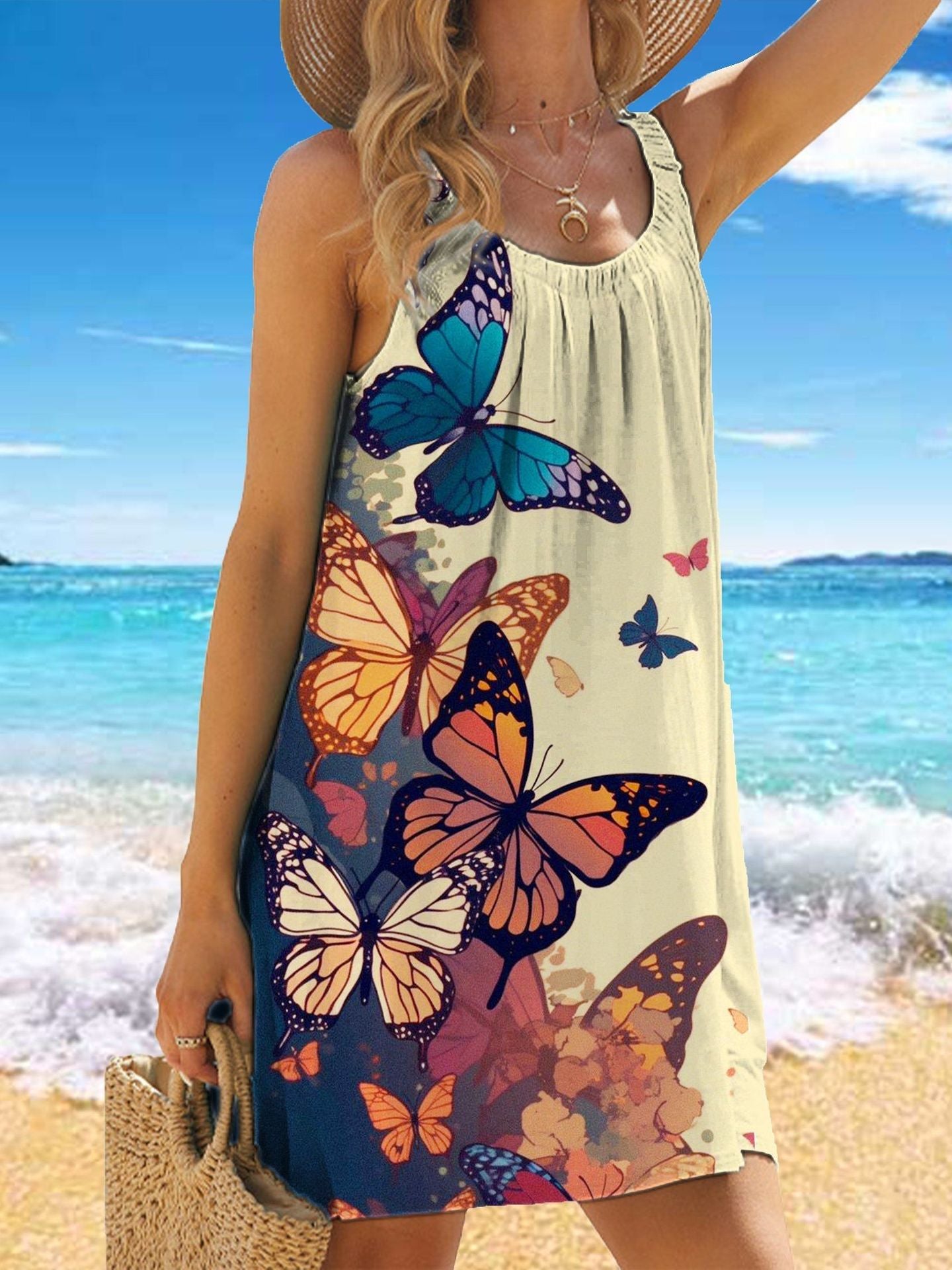 🎁【50% zniżki】✨🌊【S-5XL】Modna letnia sukienka na ramiączkach z kwiatowym nadrukiem