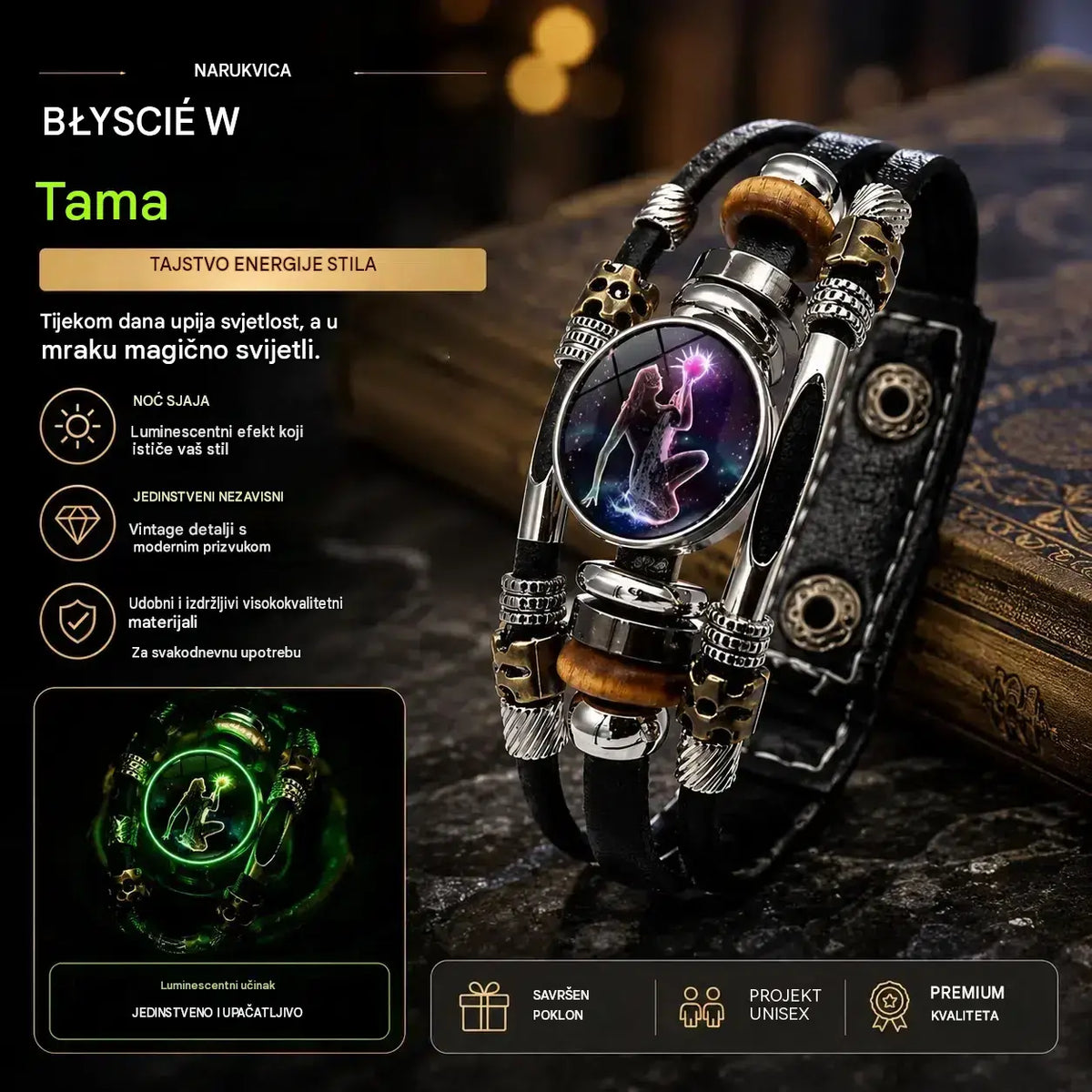 🌙 Svjetleća kožna narukvica sa znakom zodijaka – trostruko pletena, podesiva, unisex 💫✨