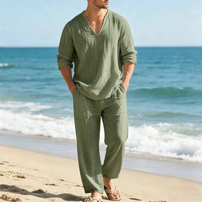 🌴 50% zniżki🔥【Top + spodnie】Męski lniany garnitur casualowy o luźnym kroju z dekoltem w serek, idealny na plażę. ✅️Płatność przy odbiorze ✅️2 artykuły z 70% zniżką