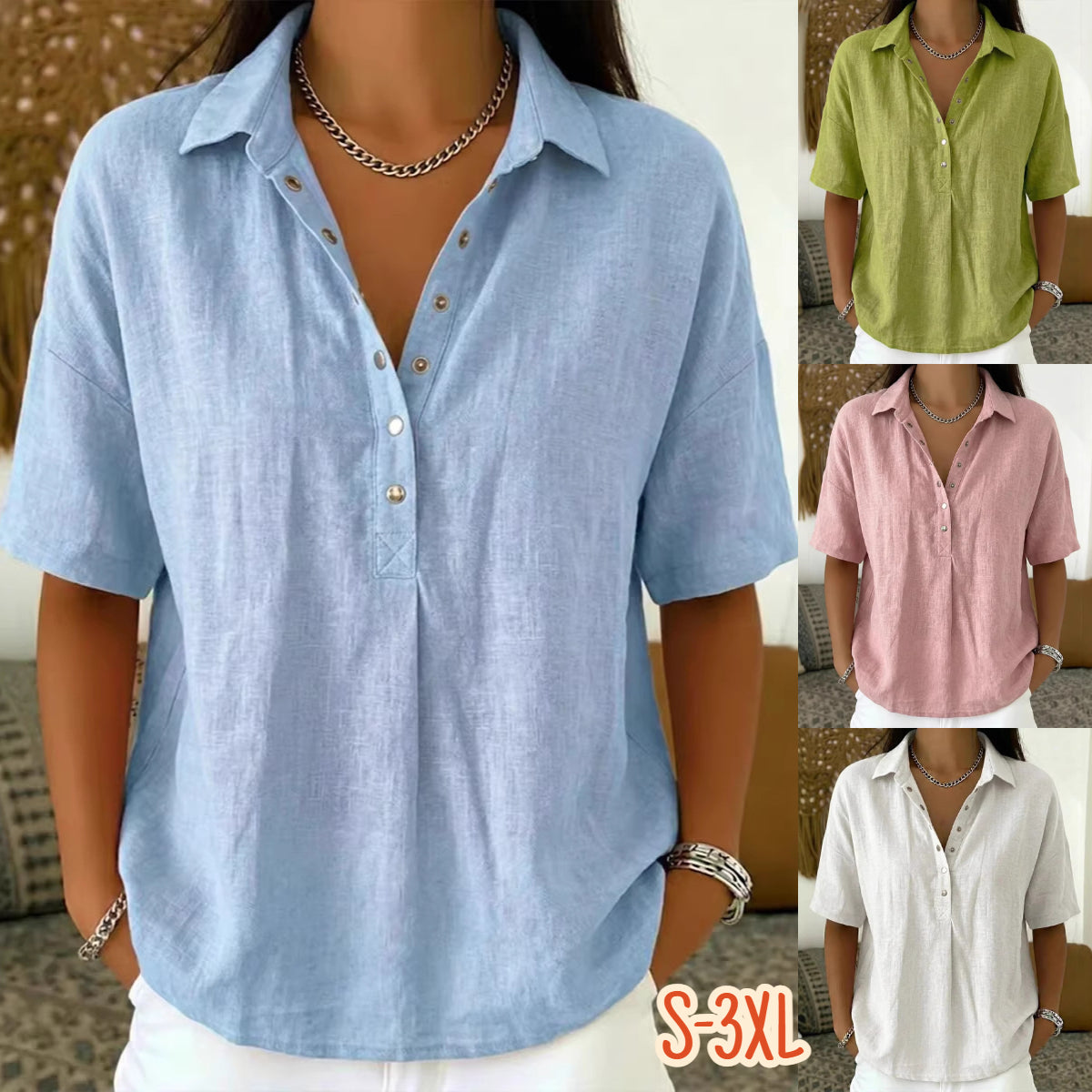 Ostatni dzień, 50% zniżki! ✨【S-3XL】Damska koszula z bawełny i lnu z krótkim rękawem, dopasowany krój, uniwersalna, przewiewna, wygodna i bezproblemowa.