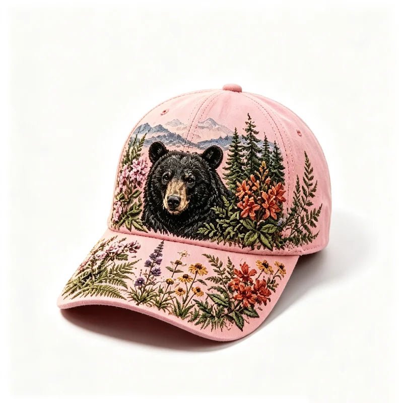 🛍️ Edycja Retro: Letnia czapka z daszkiem „Great Smoky Mountains” ✨ Motyw czarnego niedźwiedzia i polnych kwiatów | Regulowany model w stylu outdoor vintage
