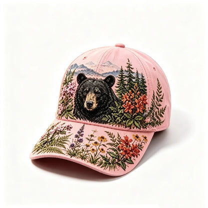 🛍️ Edycja Retro: Letnia czapka z daszkiem „Great Smoky Mountains” ✨ Motyw czarnego niedźwiedzia i polnych kwiatów | Regulowany model w stylu outdoor vintage