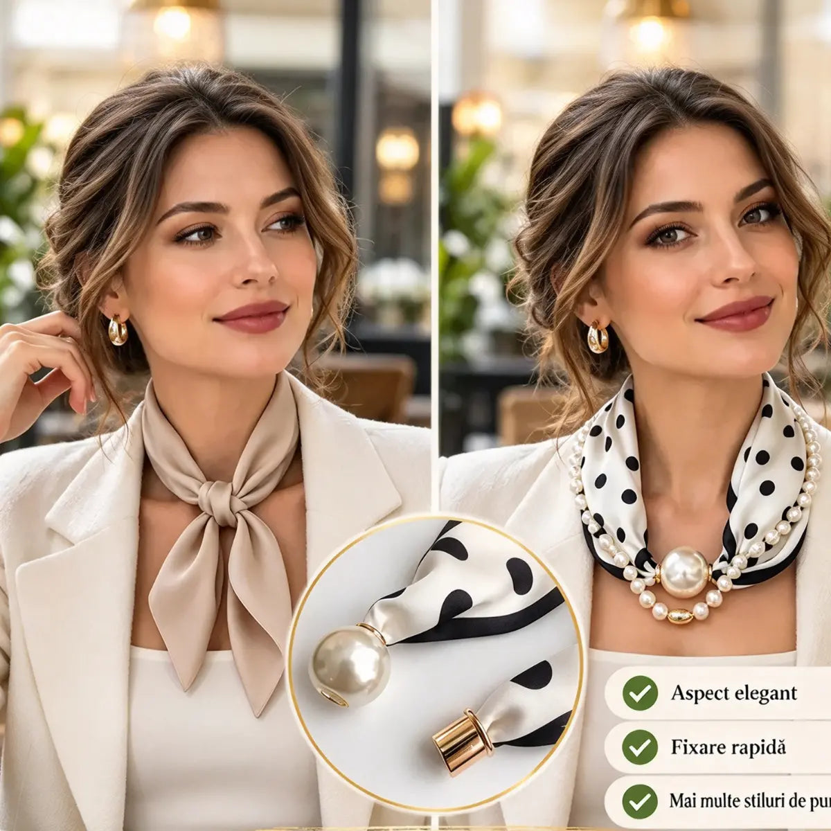 ✨ Naszyjnik z pereł i magnetyczna spinka do apaszki 2 w 1! Szybkie zapięcie magnetyczne · Odpinany design · Francuska elegancja i uniwersalny styl
