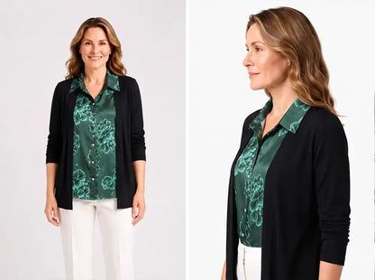 👚【M-4XL】Dwuczęściowa koszula damska z nadrukiem w patchworku – bluzka warstwowa z długim rękawem – modelująca brzuch, swobodny top na jesień