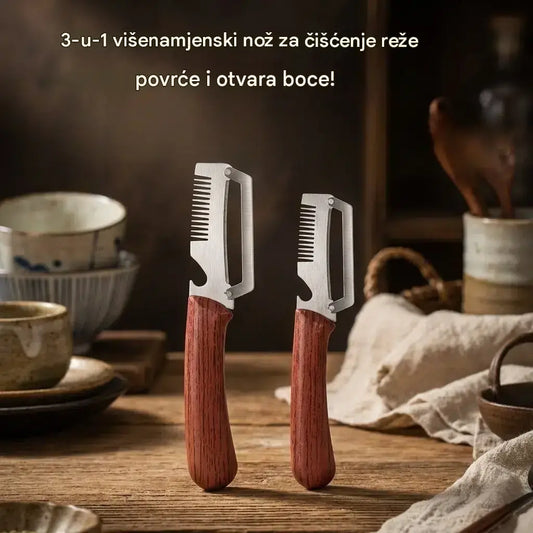 ✅ Kupi 1, dobit ćeš 2 komada 🧅🔪 Višenamjenski 3-u-1 nož za guljenje: guli i reže povrće te otvara boce! 🔥
