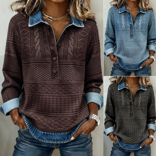 🔥【50% SLEVA】 Nové dámské tričko vysoké kvality s kontrastními švy a polo-zapínáním — retro styl, snadno kombinovatelné