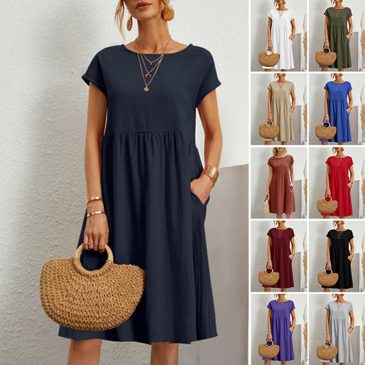 😍【Sezonsko sniženje】👗【S–5XL】Ženska haljina od pamuka i lana 2025 s okruglim izrezom i ležernim krojem – Snižena cijena